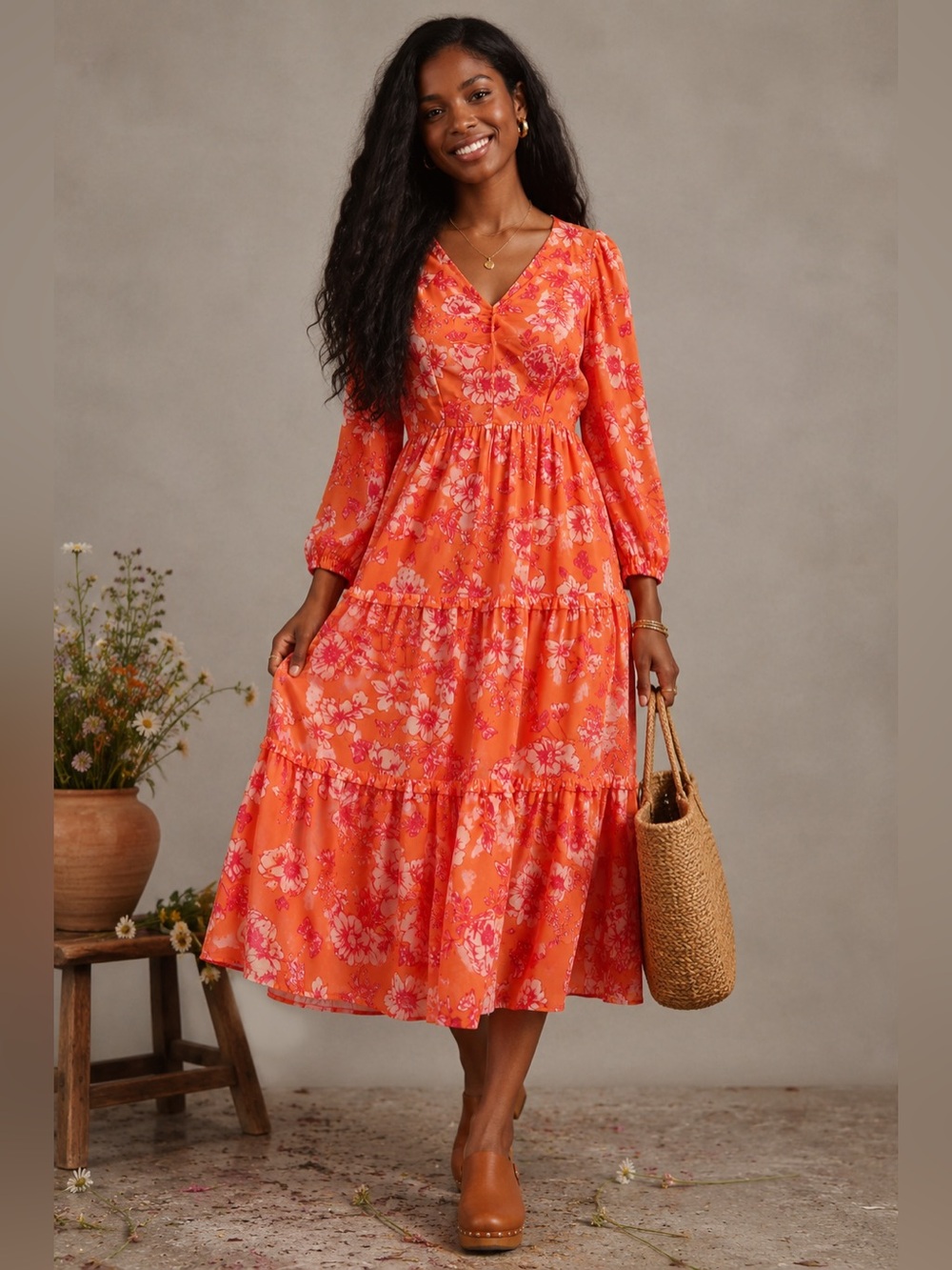 Sincerely Jules Coral Pink Floral Puff Sleeve Tiered Chiffon Maxi Dress Small
